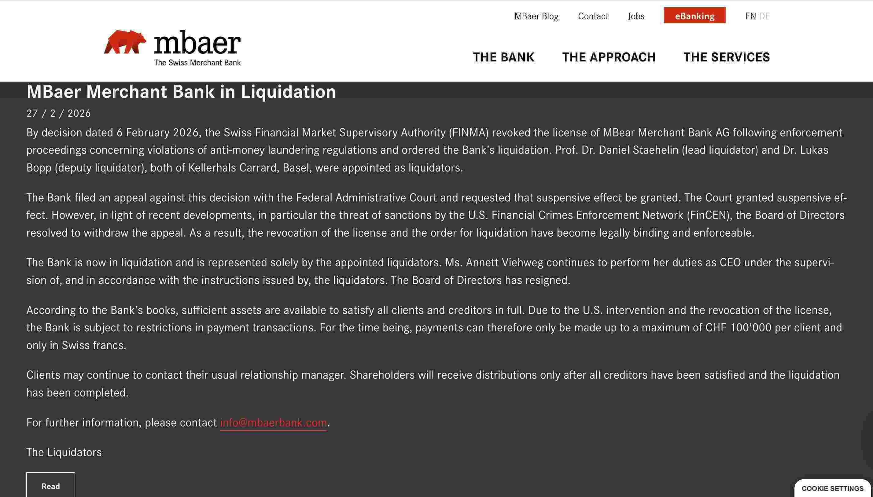 MBaer Merchant Bank 웹사이트의 자산 청산 공지. 미국의 제재로 인해 이 은행이 폐쇄된 것은 Ferrexpo와 같은 파트너가 자금 흐름을 완전히 잃을 위험에 처하게 만든 "뇌관"입니다. 사진: MBaer Merchant Bank