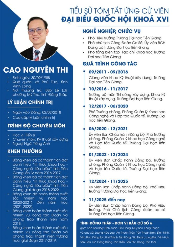 Tiểu sử tóm tắt của TS Cao Nguyên Thi ứng viên đại biểu Quốc hội. TGU