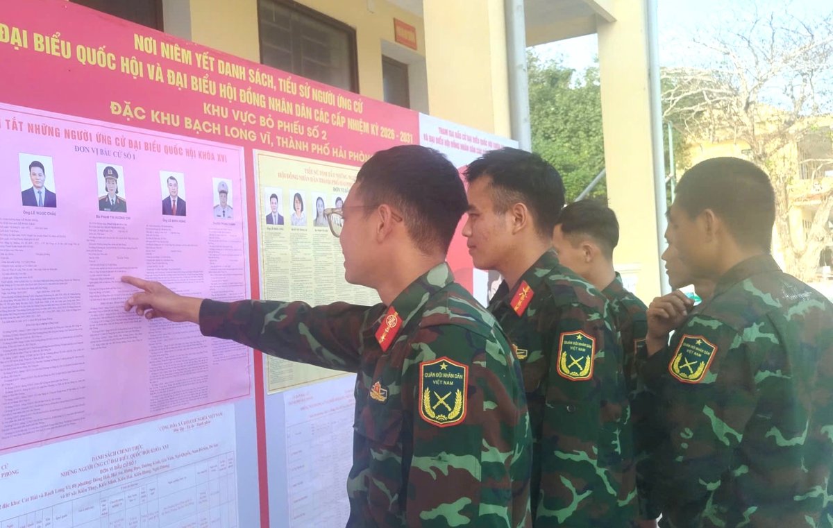 Cán bộ, chiến sĩ Tiểu đoàn Phòng thủ đảo Bạch Long Vĩ sẽ tham gia bỏ phiếu vào ngày 14.3 tại Tổ bầu cử số 2. Ảnh: Xuân Nha