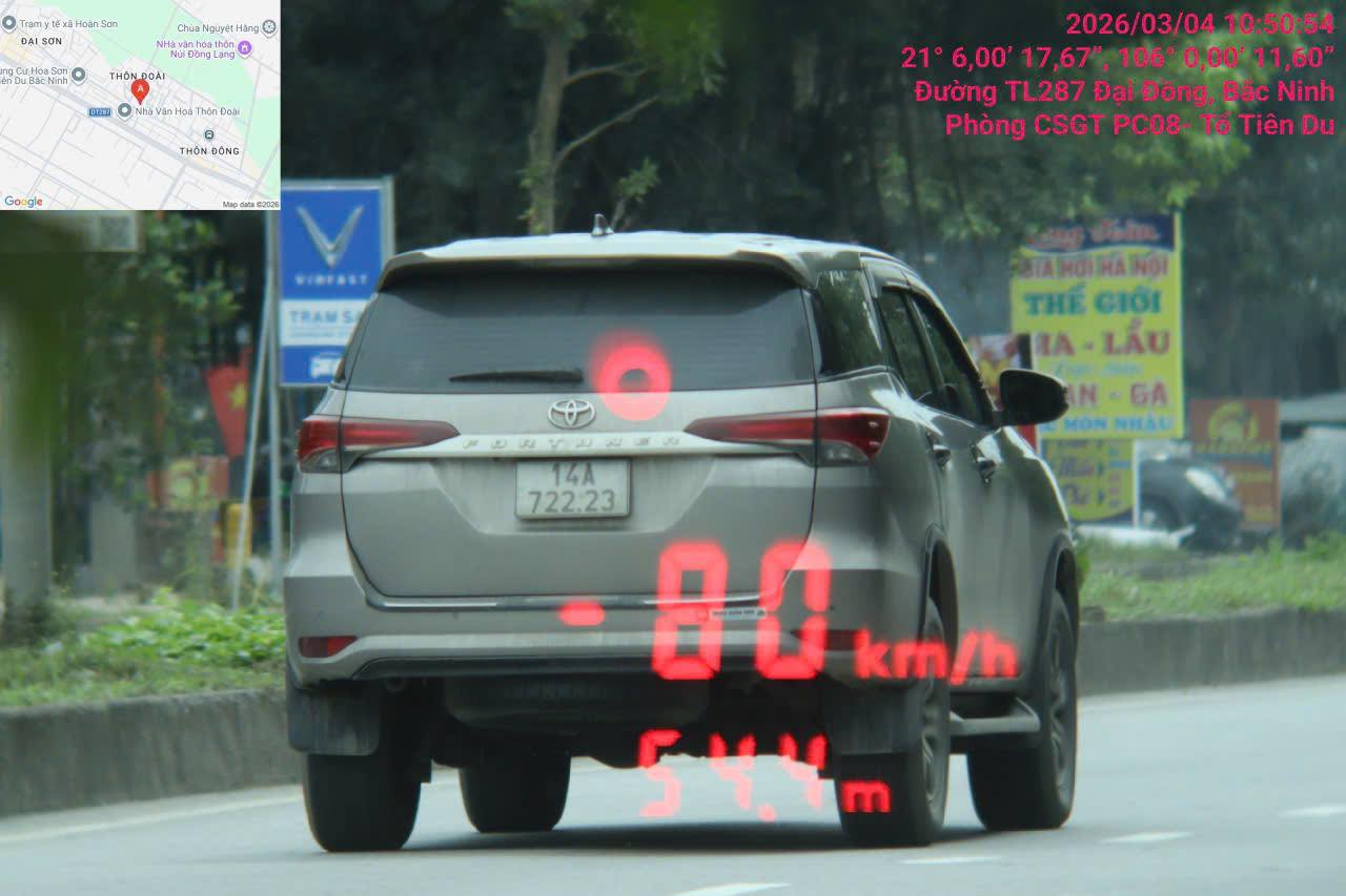 A car speeding in Bac Ninh. Photo: Traffic Police Department of Bac Ninh Provincial Police
