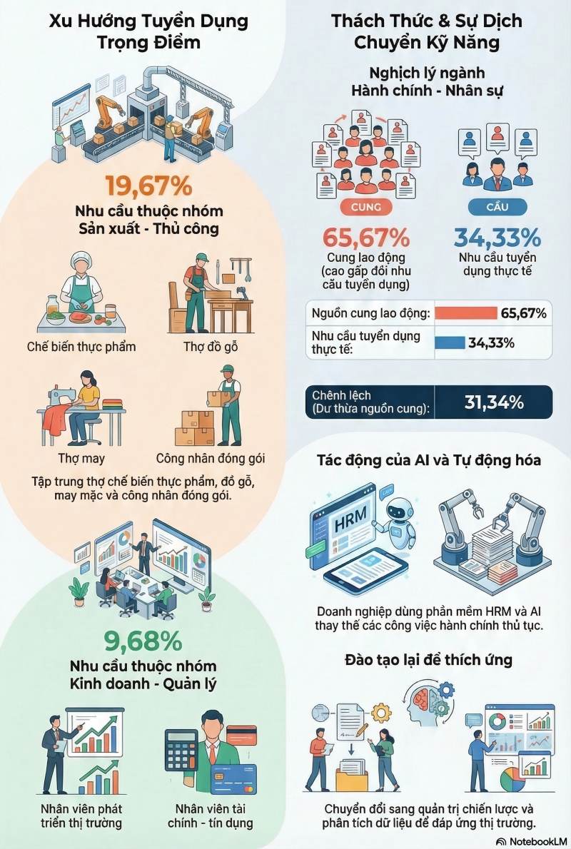 Phân tích thị trường lao động tháng 2.2026 và dự báo nhu cầu nhân lực trong tháng 3.2026 tại TP Cần Thơ (Nguồn dữ liệu: Trung tâm DVVL TP Cần Thơ, ảnh đồ họa AI)
