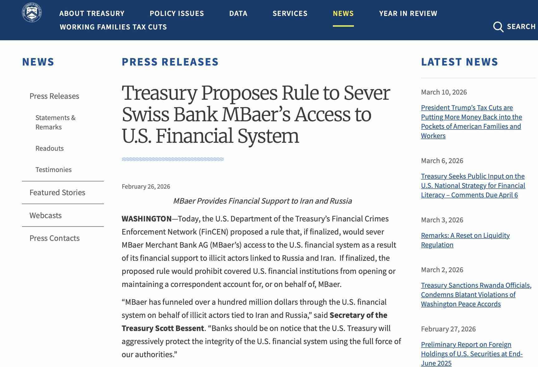 Swiss bank MBaer forced to dissolve after US and Swiss sanctions for international money laundering scandal. Photo: US Treasury Department