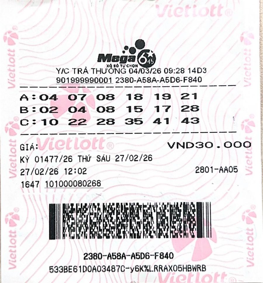 Tấm vé trúng giải Jackpot xổ số tự chọn Mega 6/45 kỳ QSMT số 1477. Ảnh: Vietlott
