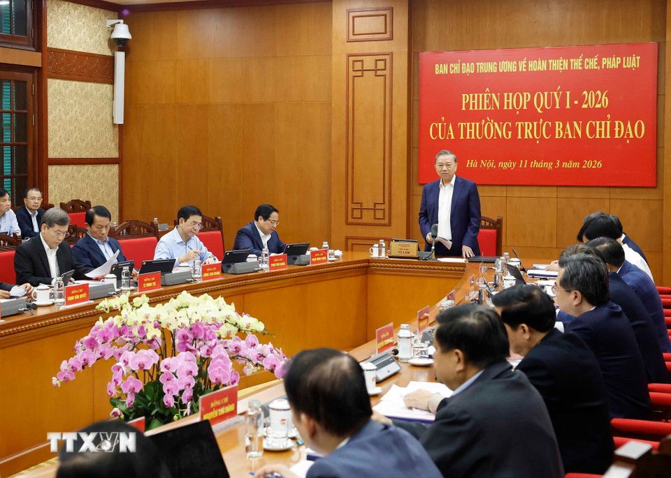 Tổng Bí thư Tô Lâm - Trưởng Ban Chỉ đạo Trung ương về hoàn thiện thể chế, pháp luật - phát biểu tại phiên họp. Ảnh: TTXVN