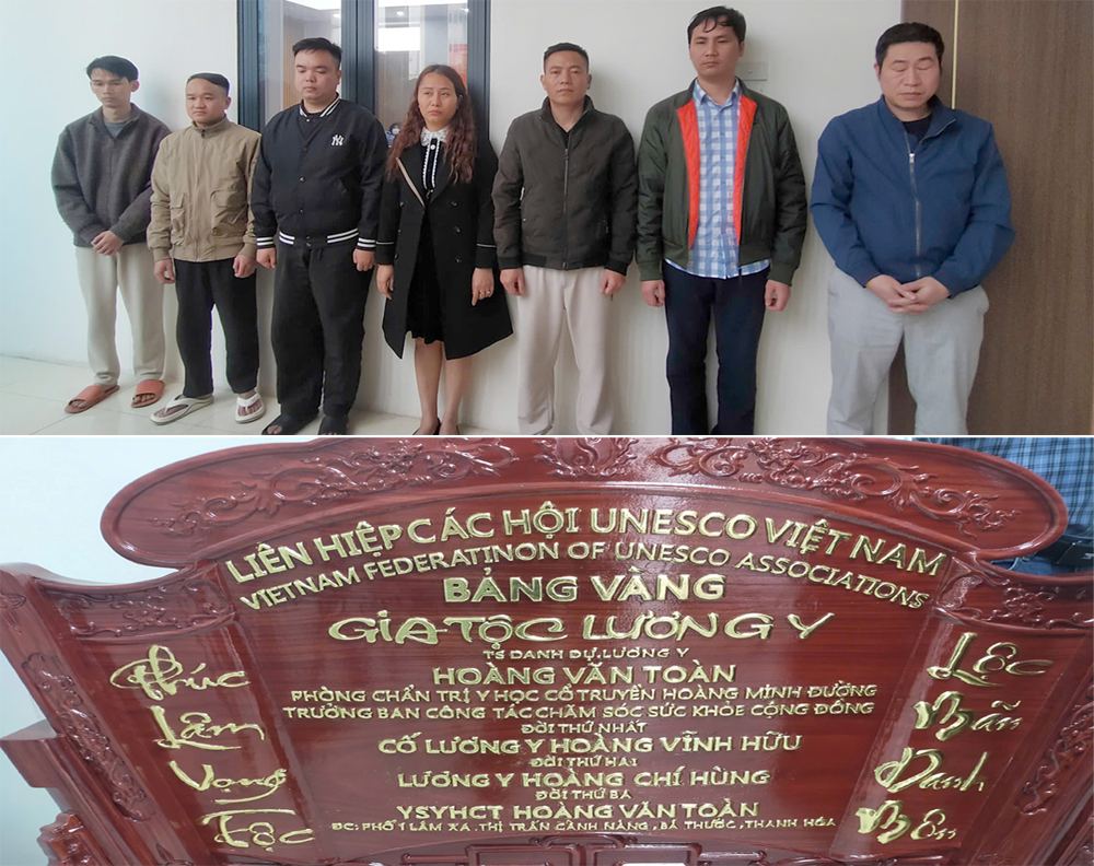 Các đối tượng trong đường dây bán thuốc gia truyền bị bắt giữ, thu giữ nhiều thiết bị, biển hiệu. Ảnh: Công an Thanh Hóa