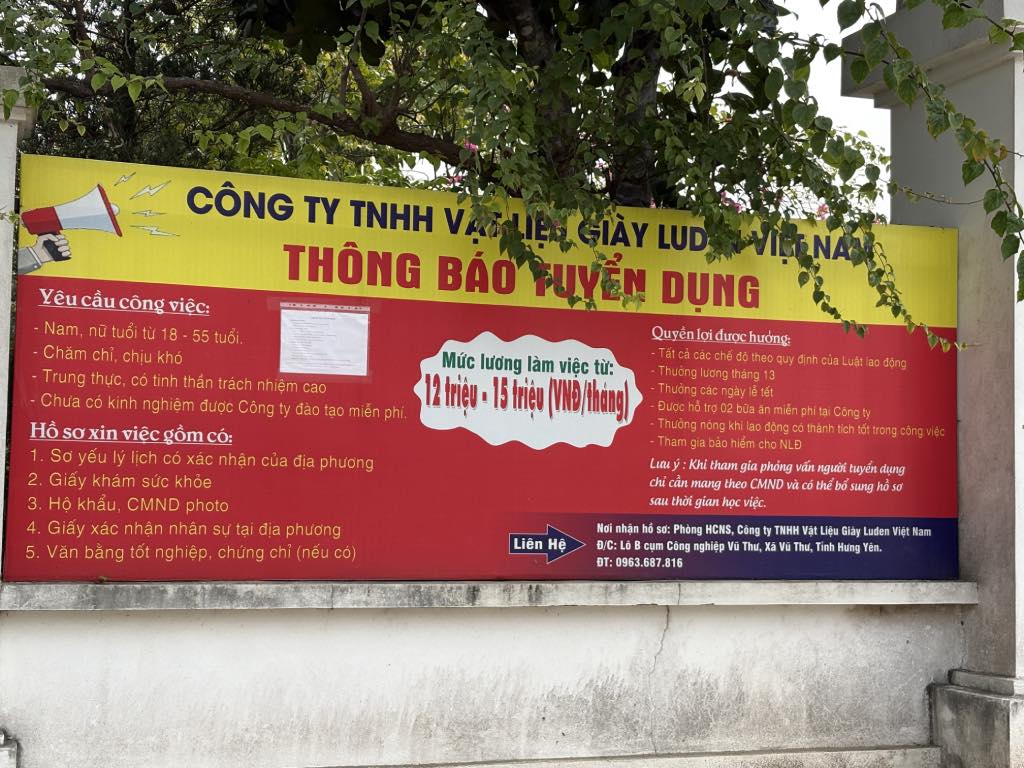 Luden Vietnam Footwear Materials Co., Ltd. announces recruitment of male and female workers aged 18-55. Photo: Bao Han