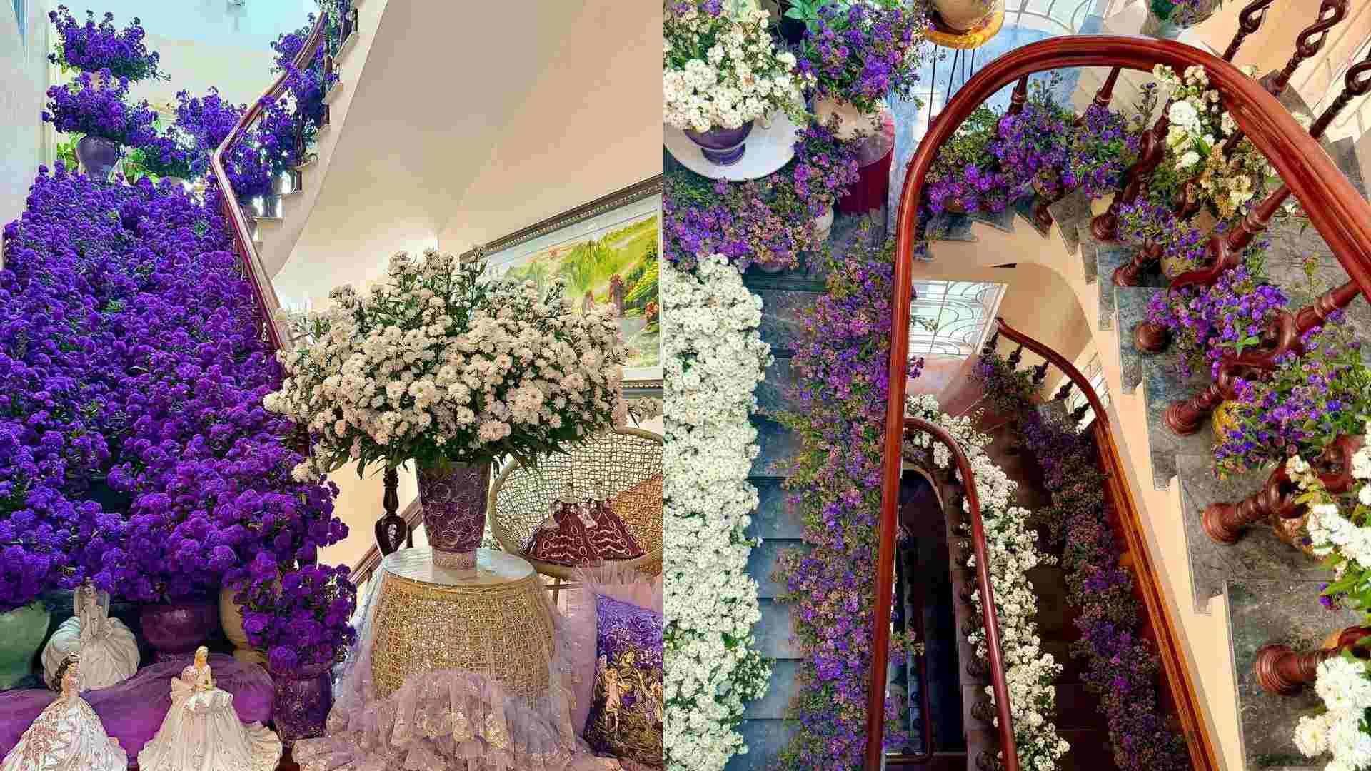 Cầu thang trải kín hoa. Ảnh: NVCC 