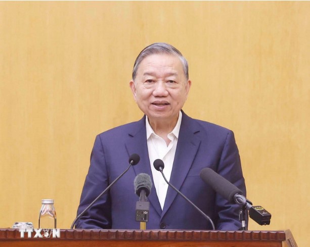 Tổng Bí thư Tô Lâm trình bày chương trình hành động với cử tri Hà Nội. (Ảnh: TTXVN)