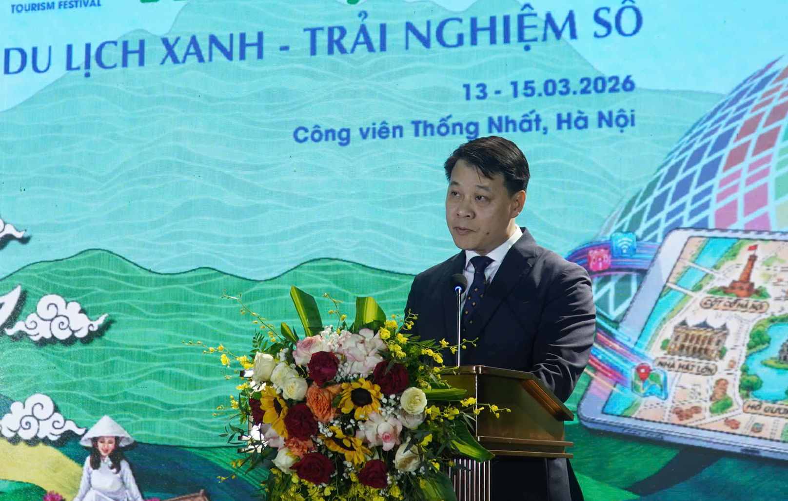 Phó Giám đốc Sở Du lịch Hà Nội Nguyễn Trần Quang phát biểu tại sự kiện. Ảnh: Minh Chính