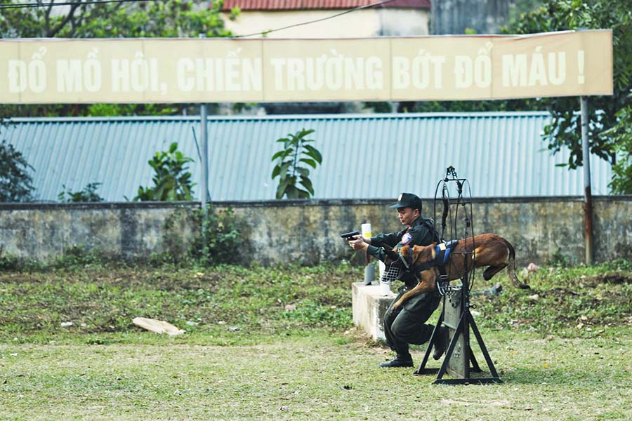 Chiến sĩ CSCĐ cùng chó nghiệp vụ diễn tập xử lý tình huống. Ảnh: Hằng Nguyễn 