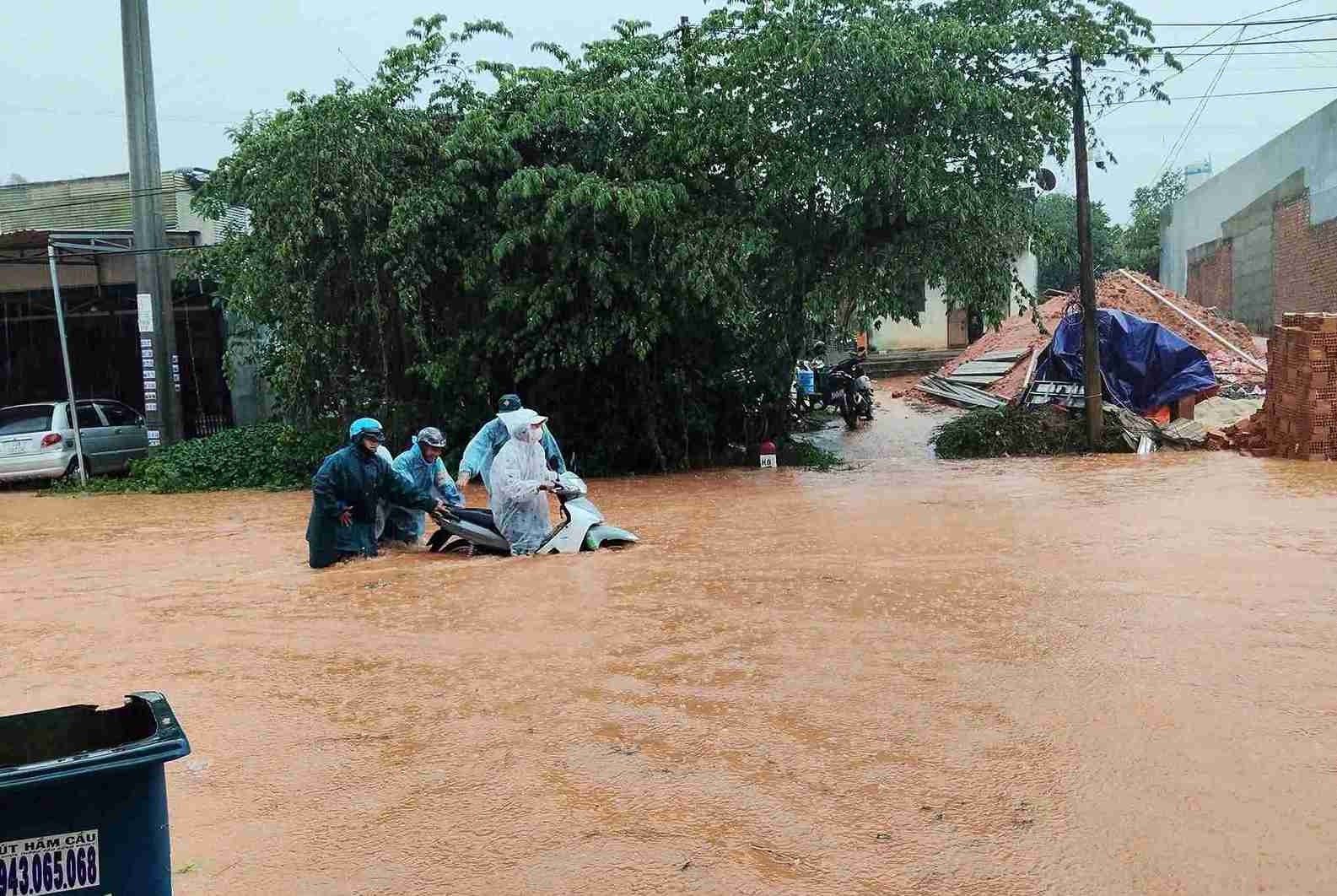 大雨により、ラムドン省の国道55号線は乾季に深く浸水しました。写真:フック・カイン