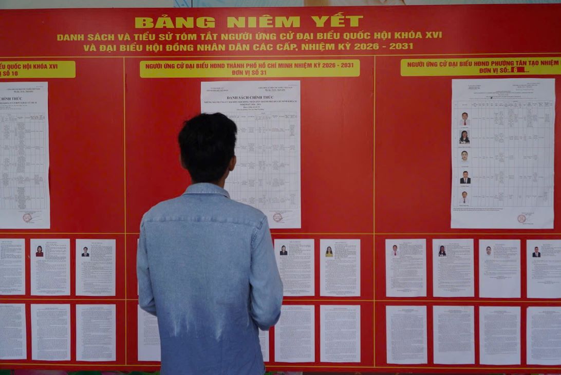 Cử tri nghiên cứu danh sách ứng cử viên trước khi bỏ phiếu. Ảnh: Chân Phúc