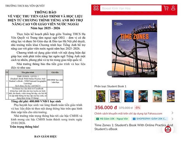 Mức thu sách, học liệu của trường THCS Hạ Yên Quyết và khảo sát trên thị trường. Ảnh: Phụ huynh phản ánh