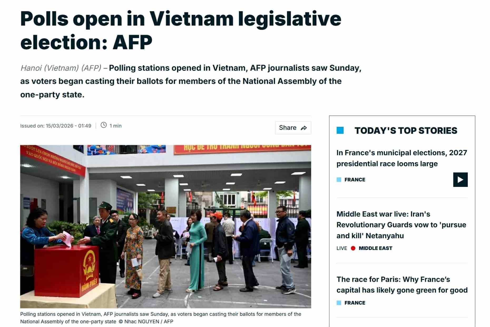 France24 page posts "Voting stations in Vietnam open on National Assembly election day. Photo: AFP