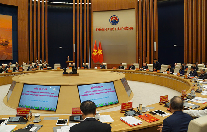 Quang cảnh buổi làm việc của Đoàn Đại biểu Trung ương Đảng với TP Hải Phòng. Ảnh: Minh Hùng
