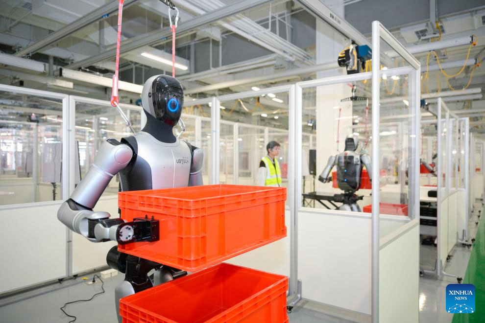 A human-shaped robot is being trained to carry objects at the Sichuan Provincial Multi-Modal Human-shaped Robot Data Collection and Testing Center (China). Photo: Xinhua