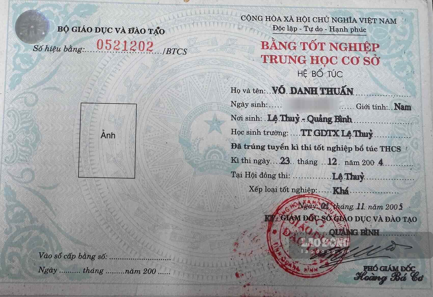 Secondary school diploma of Mr. Vo Danh Thuan. Photo: Cong Sang