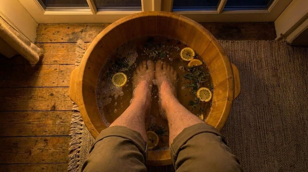 잠자리에 들기 전에 발을 담그는 것은 주부들이 더 나은 수면을 취하는 데 도움이 되는 좋은 습관입니다. 사진: 뚜언닷