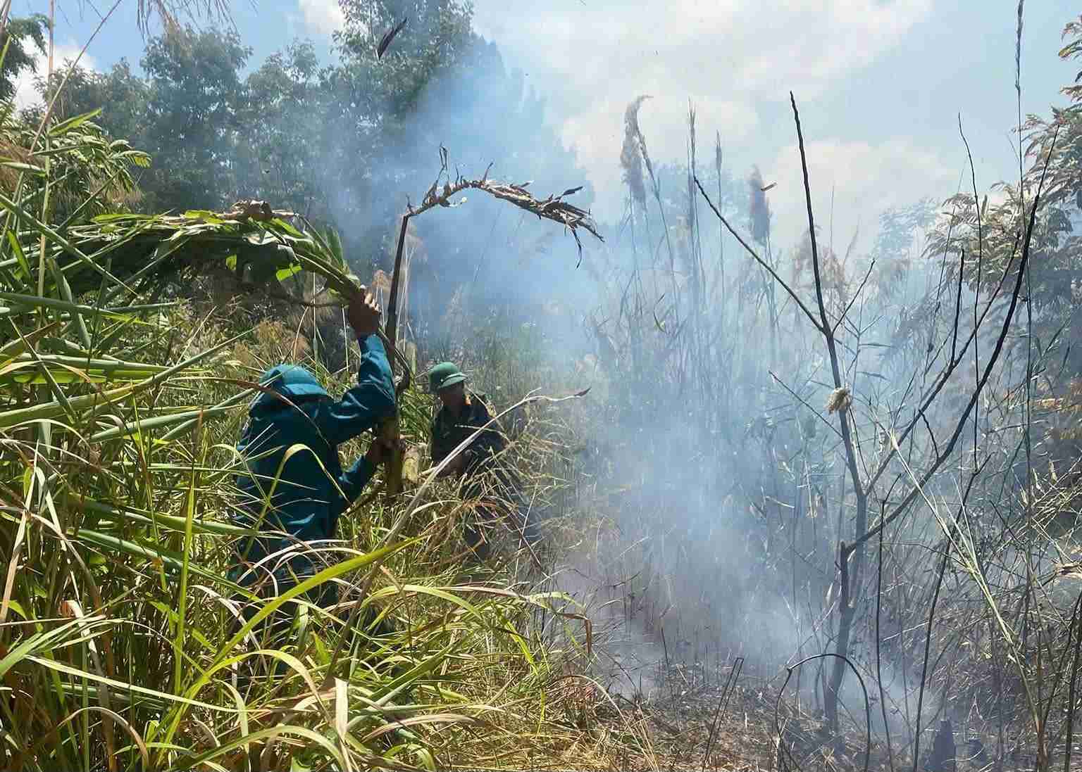 Các lực lượng nỗ lực dập lửa khống chế vụ cháy rừng. Ảnh: Phúc Khánh 