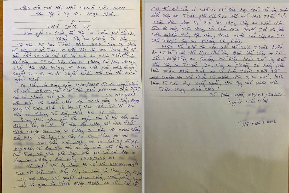 Thư cám ơn của ông Hà Hữu Thạnh gửi đến Công an phường Cái Răng. Ảnh: Công an Cần Thơ