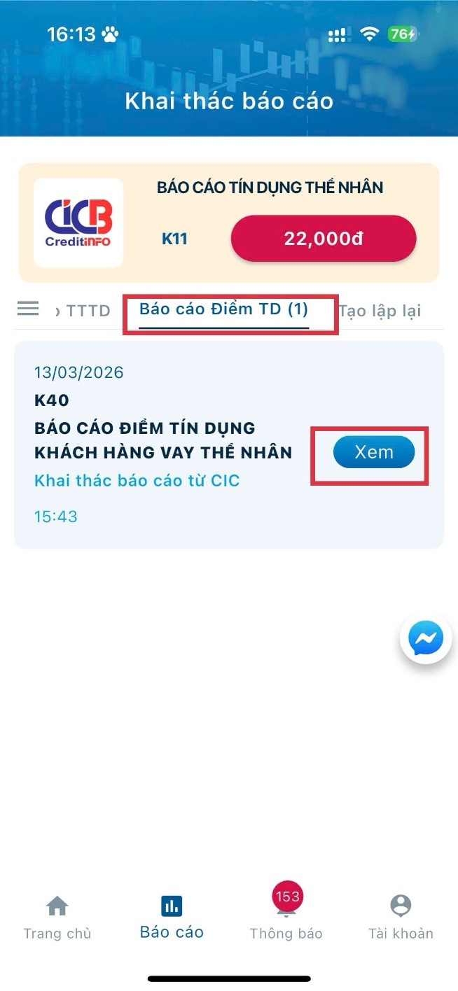 Màn hình khai thác sản phẩm K40 qua app iCIC. Ảnh: CIC