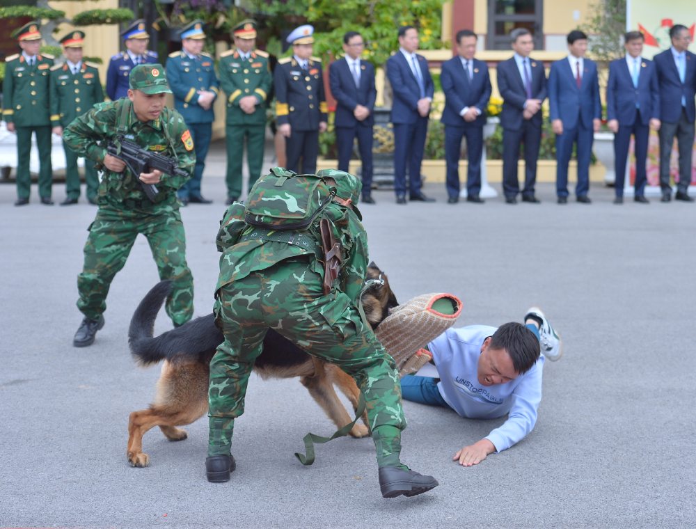 Chiến sĩ bộ đội biên phòng cùng chó nghiệp vụ tổ chức khống chế đối tượng trong tình huống nghiệp vụ. Ảnh: Trần Vương