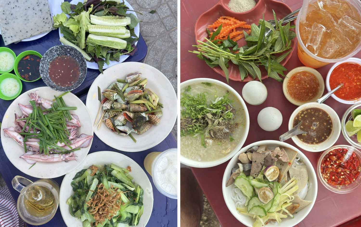 Hải sản và các món ăn vặt có thể tìm thấy ở chợ trung tâm, công viên Vĩnh Hy.