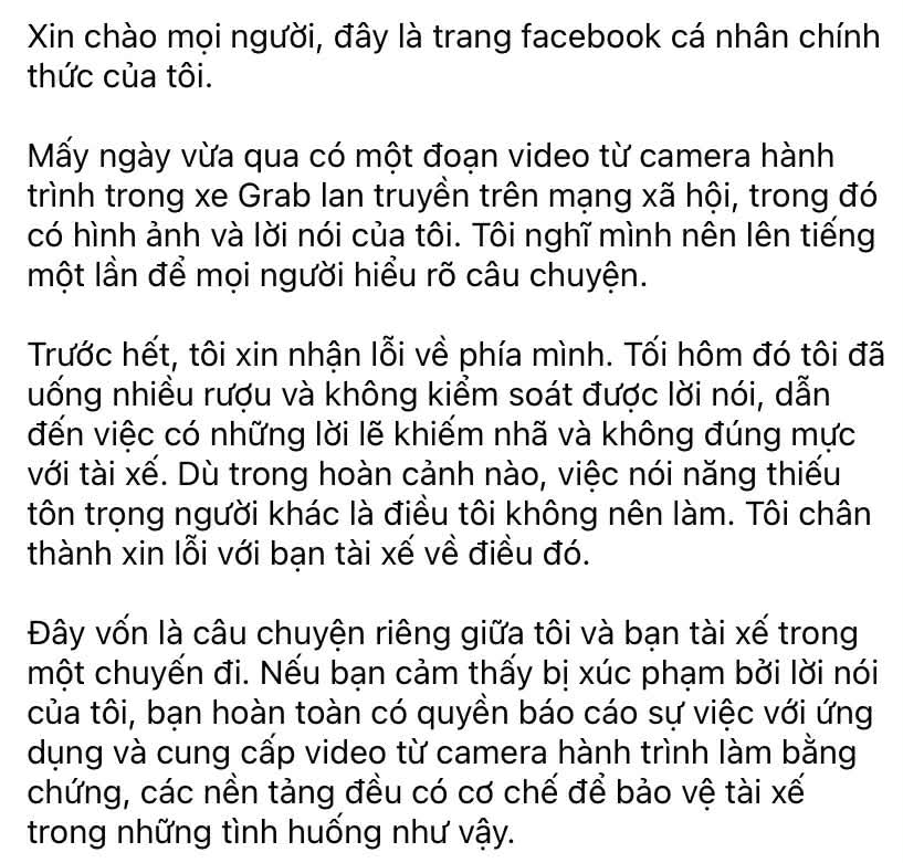Bài viết xin lỗi trên facebook của nhạc sĩ Minh Khang. 