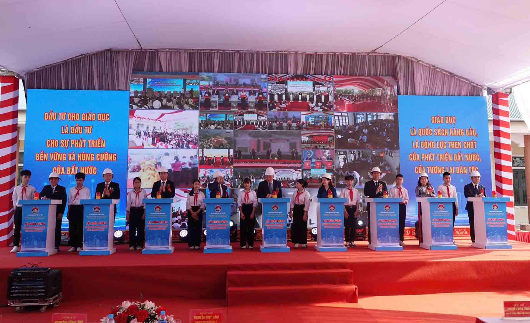 Groundbreaking ceremony for the construction of Huong Xuan Inter-level Boarding Primary and Secondary School (in Huong Xuan commune, Ha Tinh province). Photo: Tran Tuan