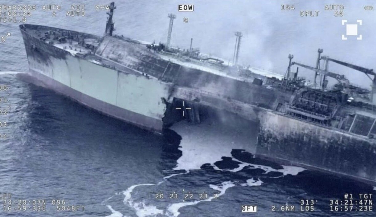 Close-up of the damaged Russian ship Arctic Metagaz drifting in the Mediterranean. Photo: Maltese government