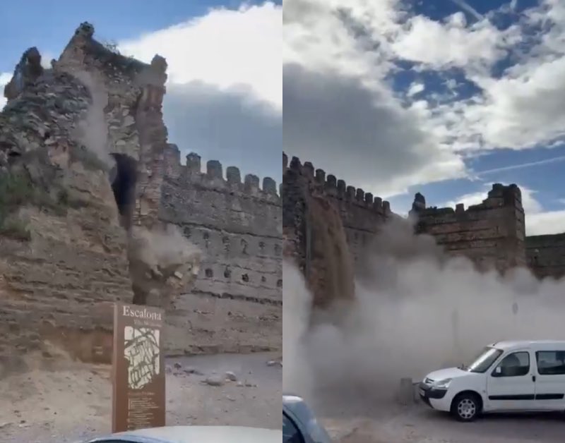 Part of Escalona Castle in central Spain suddenly collapsed on Saturday morning, March 14, in front of many panicked tourists. Photo cut from video