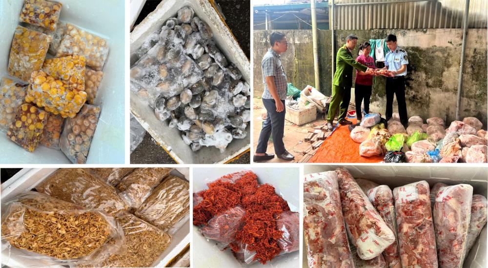 Lực lượng chức năng phát hiện, thu giữ số thực phẩm không rõ nguồn gốc. Ảnh: Công an Thanh Hóa