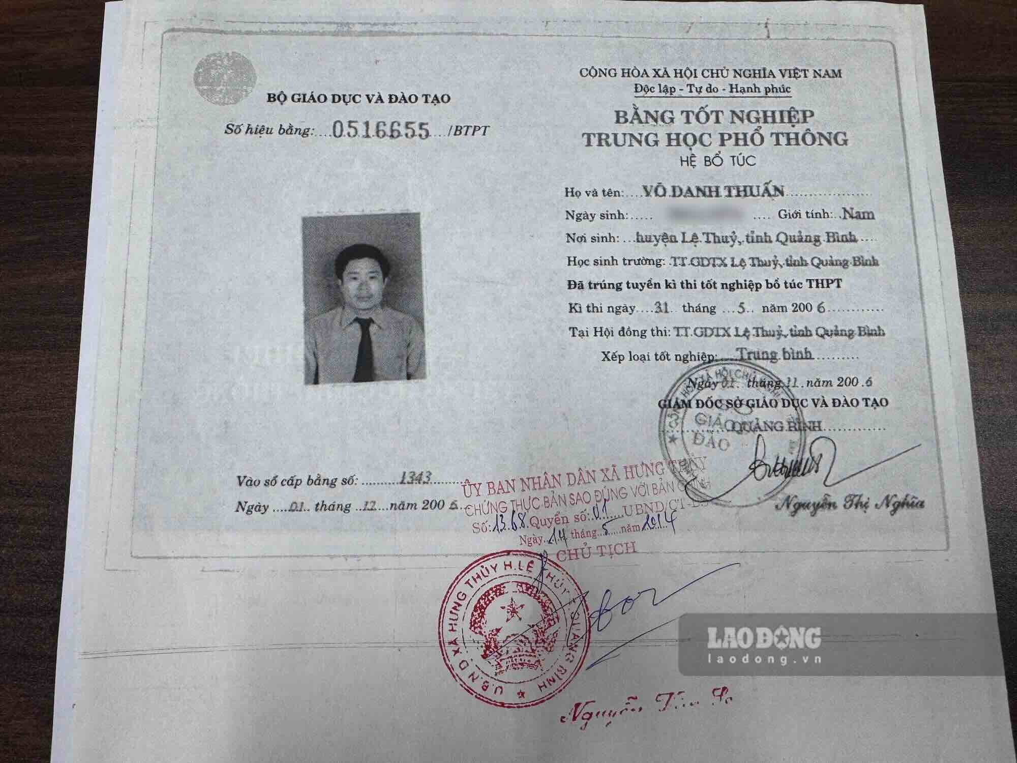 Bằng tốt nghiệp THPT của ông Võ Danh Thuấn. Ảnh: Công Sáng