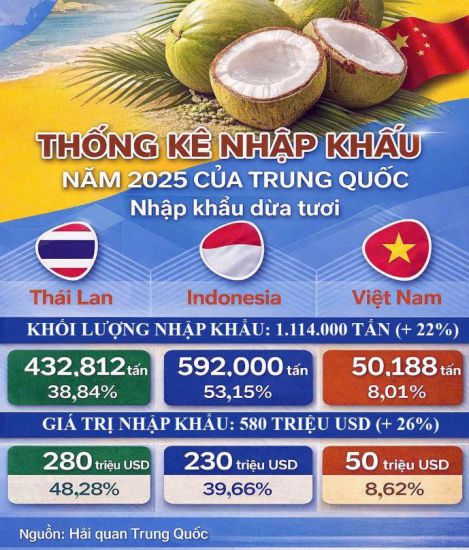Statistics on fresh coconut import volume and value into the Chinese market in 2025. Graphic photo: M.Sc. Nguyen Phuoc Tuyen