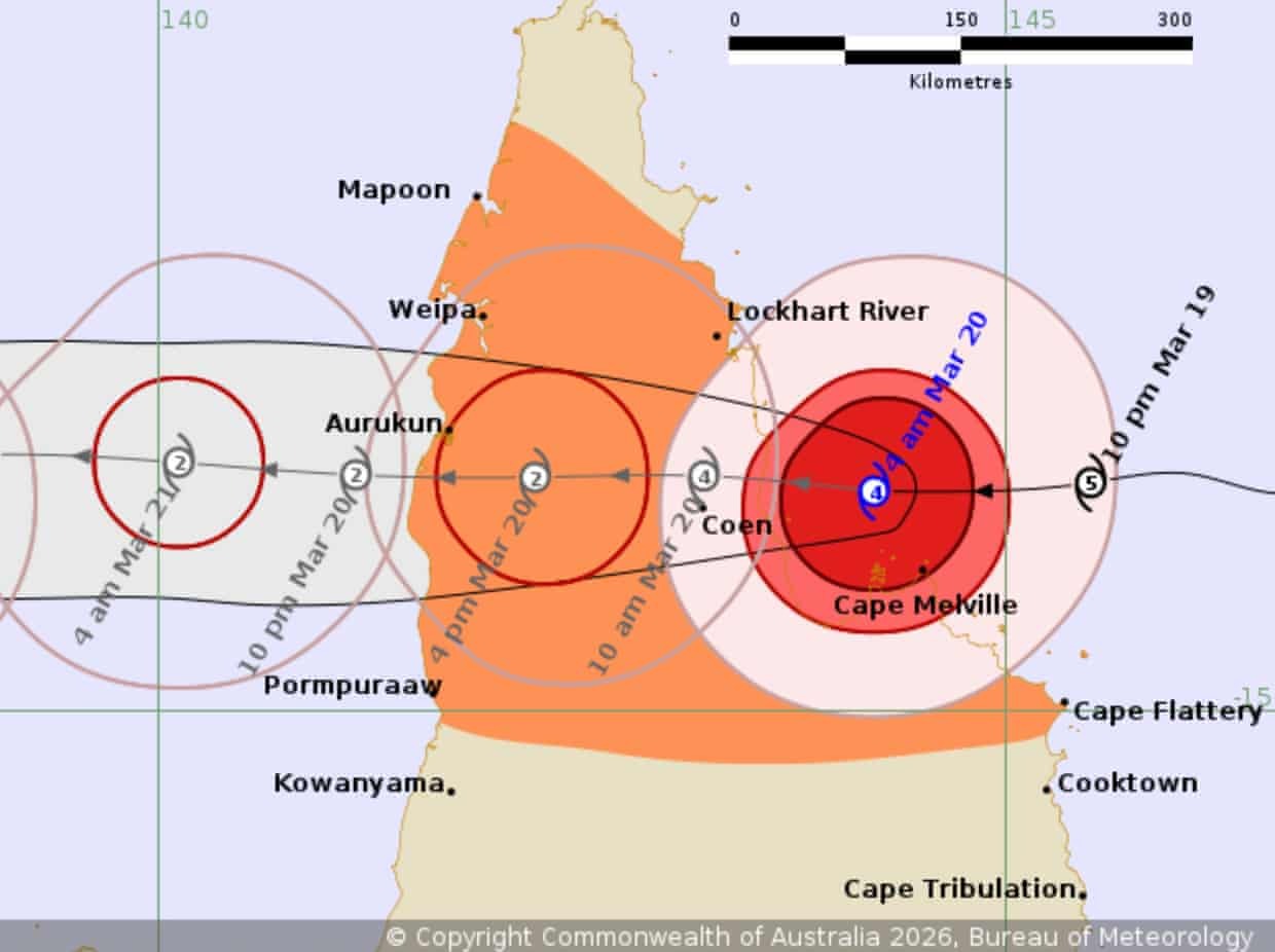 El supertifón Narelle tocó tierra en Queensland, Australia, con vientos máximos cerca del centro de 220 km/h. Foto: BOM