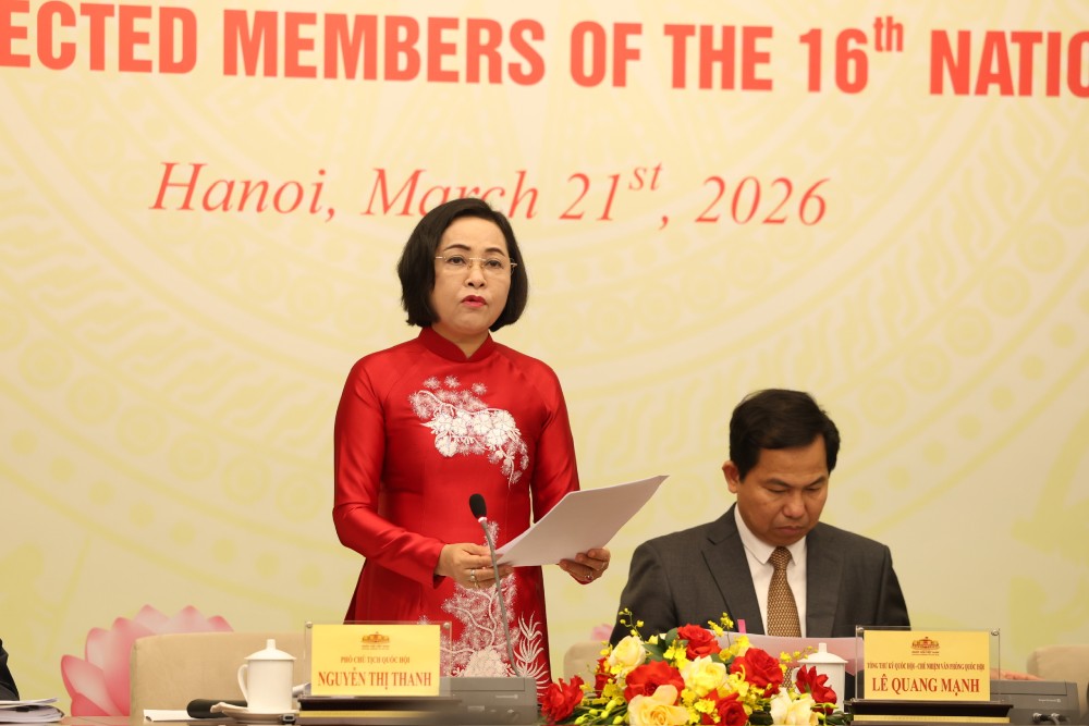 Ủy viên Trung ương Đảng, Phó Chủ tịch Quốc hội Nguyễn Thị Thanh - Ủy viên Hội đồng Bầu cử quốc gia chủ trì họp báo. Ảnh: Hải Nguyễn  