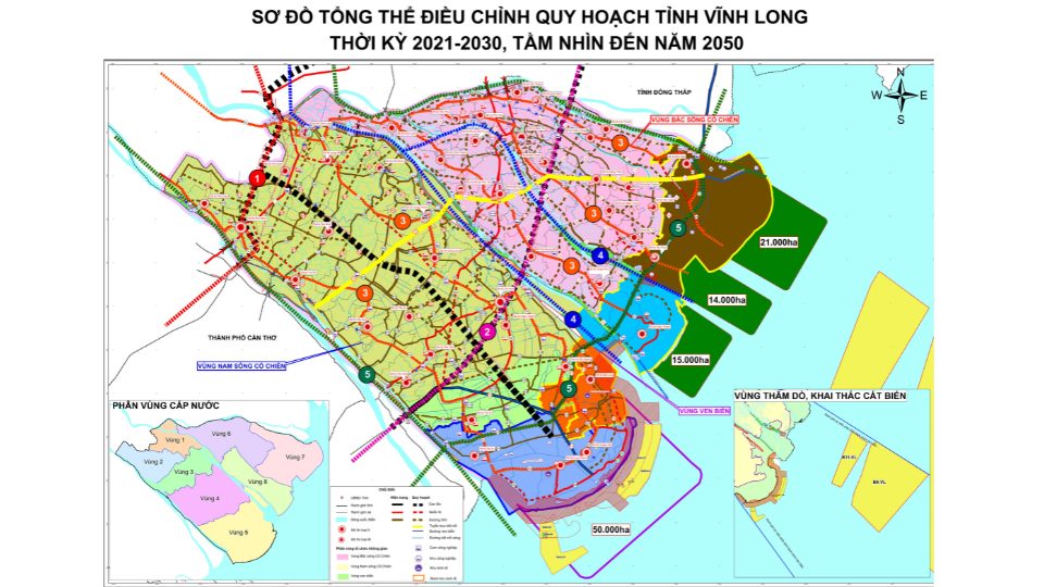 Bản đồ điều chỉnh Quy hoạch tỉnh Vĩnh Long giai đoạn 2021–2030, tầm nhìn đến 2050, thể hiện các khu vực phát triển nông nghiệp, công nghiệp, đô thị và logistics. Ảnh: Hoàng Lộc
