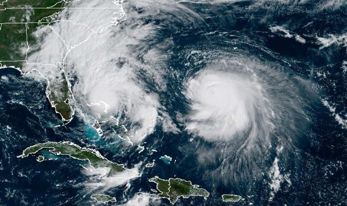 En los años de La Niña, el Atlántico suele registrar alrededor de 21 tormentas, incluidas 7 fuertes. En la foto se ven las tormentas Imelda (izquierda) y Humberto (derecha) el 29 de septiembre de 2025. Foto: NOAA