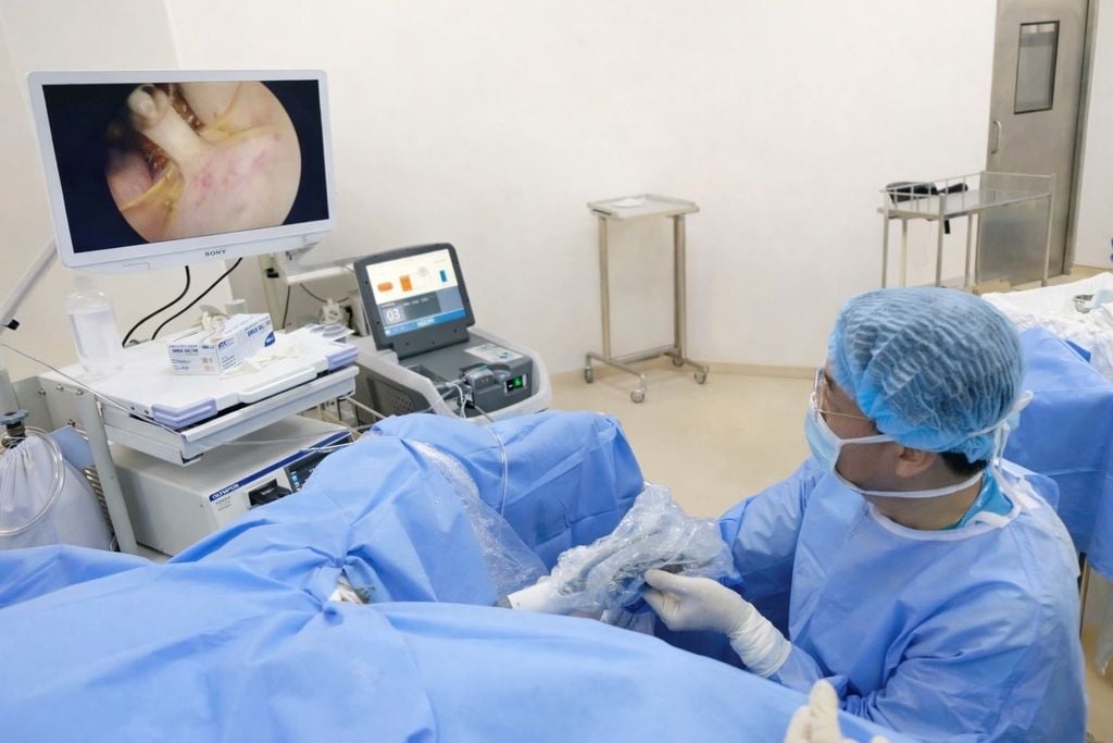 Assoc. Prof. Dr. Truong Hoang Minh performs endoscopic surgery to treat heat-vaporized prostate enlargement (Rezum) for patients. Photo: BVCC