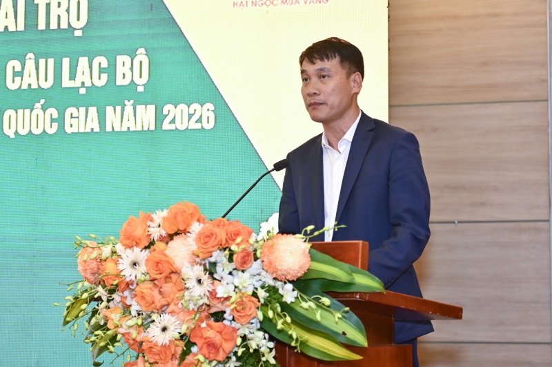 Tổng thư kí VFV Lê Trí Trường phát biểu tại lễ bốc thăm giải bóng chuyền quốc gia 2026. Ảnh: VFV