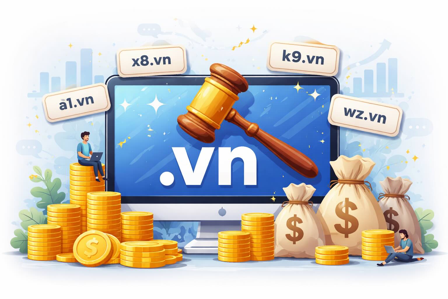 Lần đầu đấu giá tên miền quốc gia, ghi nhận mức giá tới 1,584 tỉ đồng. Đồ họa: Hải Danh