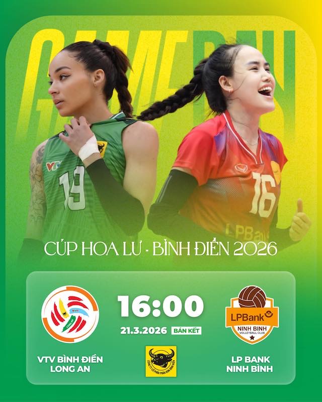 VTV Bình Điền Long An gặp LPB Ninh Bình tại bán kết bóng chuyền Cúp Hoa Lư 2026. Ảnh: BĐLA