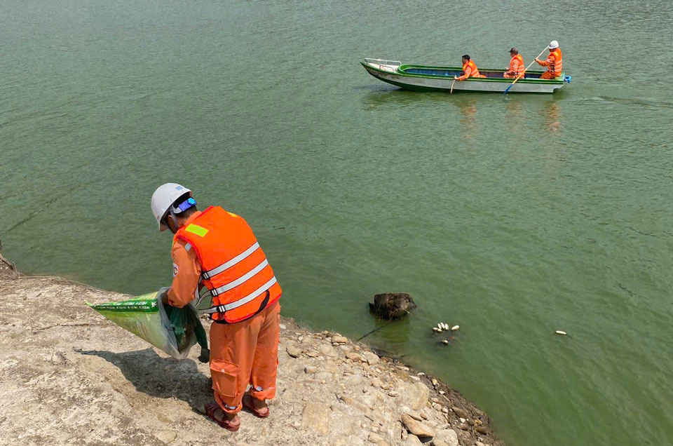 Công ty TNHH Đầu tư điện lực Việt Trung ra quân xử lý ô nhiễm môi trường tại hồ Séo Mý Tỷ. Ảnh: Đinh Đại 