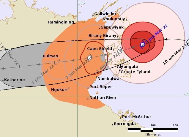 Typhoon Narelle has strong winds of 150km/h, gusting to 195km/h as it approaches mainland Darwin, Australia. Photo: BOM