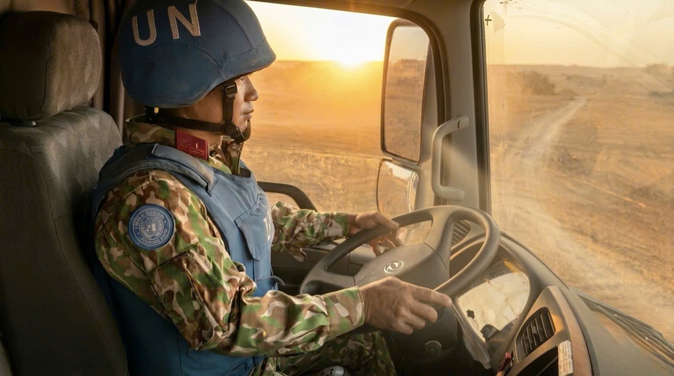 Behind the glass covered with African red dust, the eyes of the Vietnamese Engineer soldier are always steadfastly facing forward. Photo: Hai Yen