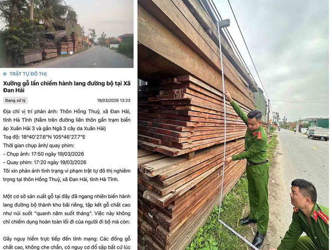 Tiếp nhận phản ánh của người dân qua i-HaTinh về việc một cơ sở sản xuất gỗ lấn chiếm hành lang đường bộ, Công an xã Đan Hải đã vào cuộc xử lý. Ảnh: Hoàng Anh