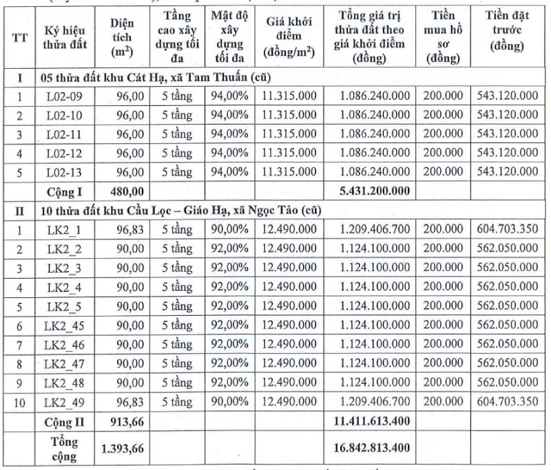 Thông tin phiên đấu giá 15 thửa đất xã Hát Môn. Ảnh: Trung tâm Dịch vụ đấu giá tài sản (Sở Tư pháp Hà Nội)