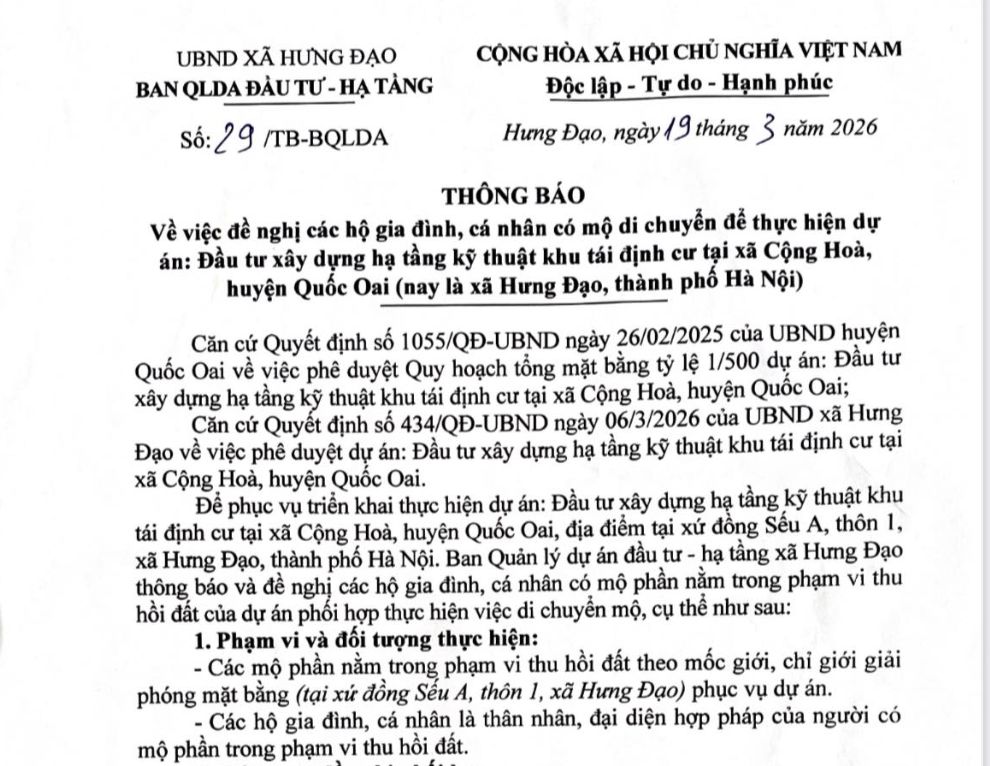 UBND xã Hưng Đạo, Hà Nội ban hành văn bản yêu cầu hộ dân di chuyển mộ để thực hiện dự án khu tái định cư ở Hà Nội. Ảnh: Anh Tuấn
