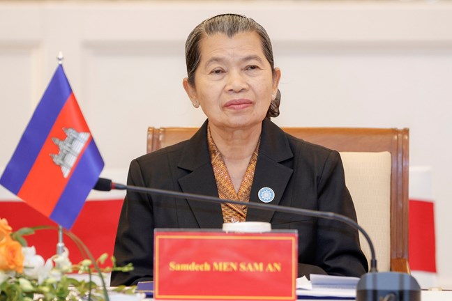 Bà Men Sam An - Phó Chủ tịch Đảng Nhân dân Campuchia, Chủ tịch Hội đồng Quốc gia Mặt trận Đoàn kết Phát triển Tổ quốc Campuchia, Chủ tịch Hội Hữu nghị Campuchia - Việt Nam tại buổi hội đàm. Ảnh: Quang Vinh
