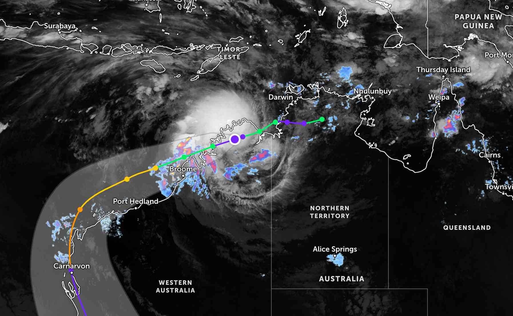Áp thấp nhiệt đới suy yếu từ bão Narelle tiếp tục mạnh trở lại. Ảnh: JTWC